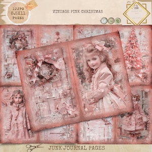Junk Journal Printable, Pink Christmas Pages, Pink Christmas Junk Journal, Festive Junk Journal, Digi Kit, Digital Craft, Printable Journal