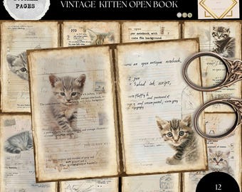 Junk Journal Printable, Vintage Old Pages Junk Journal, Kitten Junk Journal Digi Kit, Digital Crafts, Kitten Journal, Printable Journal