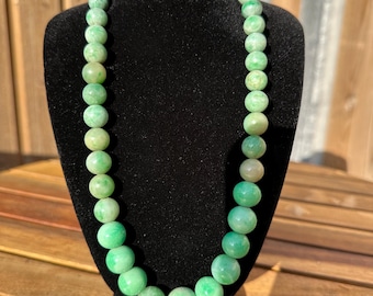 Antique Burmese Jadeite Bead Necklace, Moss in Snow, Silver Clasp