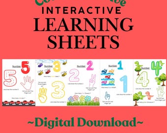 May include: Educational learning sheets for counting to five. The sheets feature numbers 1-5 with illustrations of objects and fingers. The title "Counting to Five Interactive Learning Sheets" is at the top, with "Digital Download" at the bottom.