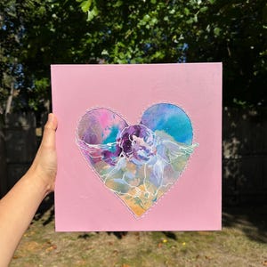 original cherub heart painting, embroidered canvas painting, hand painted cherub, cherub painting, painted cherub, cherub art painting
