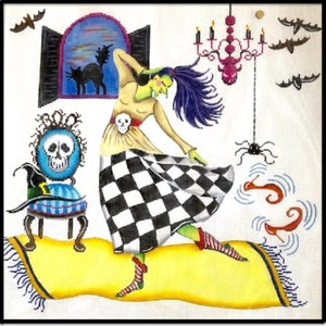 A Stitch Guide for Dancing Witch handpainted needlepoint canvas by Patti Mann