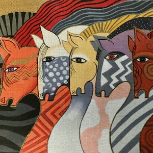 May include: A colourful abstract painting of seven horses' heads, each with a unique pattern and colour scheme. The horses are arranged in a row, with their heads overlapping. The background is a solid gold colour.