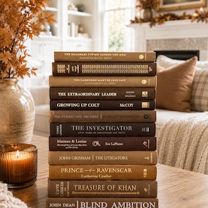 Puede incluir: Una pila vertical de doce libros de tapa dura en varios tonos de marrón, desde el color canela hasta el chocolate oscuro. Los lomos presentan letras doradas y blancas con títulos como The Kalahari Typing School for Men y Blind Ambition.