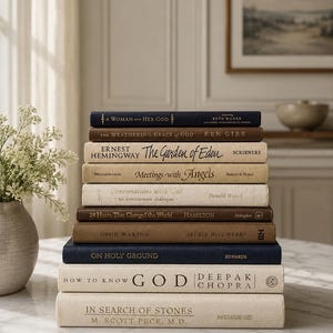 May include: A stack of eleven hardcover books with neutral-toned spines in shades of navy, brown, beige, and cream. The titles include A Woman and Her God, The Weathering Grace of God, The Garden of Eden, Meetings with Angels, Conversations with God, 24 Hours That Changed the World, Upon Waking, On Holy Ground, How to Know God, and In Search of Stones.