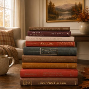 May include: A vertical stack of nine hardcover books with various colored spines including brown, maroon, cream, red, and dark green. The titles and authors are printed on the spines, featuring works by authors such as Nora Roberts and John Grisham.
