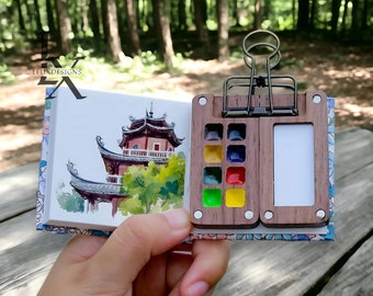 Petite palette d'aquarelle en noyer • Mini palette avec 8 grilles • Palette pliable qui tient dans une poche • Kits d'aquarelle • Cadeau parfait pour les artistes