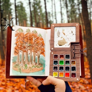 Walnut Watercolor Palette • Portable 15-Grid Mini Paint Box • Artistic Travel Set • Foldable & Compact • Creative Hobbyist Gift