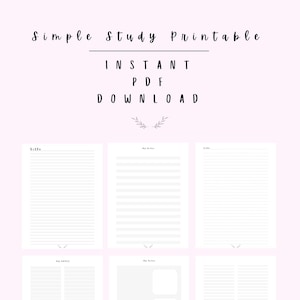 May include: A digital printable study set with lined and blank pages for notes. The top of the image reads "Simple Study Printable" and "Instant PDF Download". The pages are white with light gray lines and a light pink background.