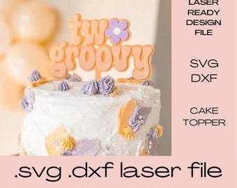 Retro tårtdekoration med två groovy/groovy en prästkrage. Laserskuren Glowforge SVG DXF-fil. Digital nedladdning med lasermaskin.