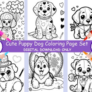 May include: A set of 23 printable coloring pages featuring cute puppy dogs in various poses. The pages are 8.5 inches by 11 inches and are perfect for kids who love to color.