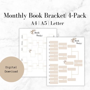 Könnte beinhalten: Eine druckbare monatliche Buch-Bracket-Vorlage in den Größen A4, A5 und Letter. Die Vorlage enthält eine Klammer mit Platz zum Eintragen der Buchtitel und der Monate des Jahres. Der Text "Book Battle!" erscheint oben in der Klammer.