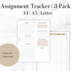 May include: Printable assignment tracker in A4, A5, and Letter sizes. The tracker includes sections for tasks, time planned, priorities, assignments, subject, class, due date, and notes. The digital download is for a 3-pack.