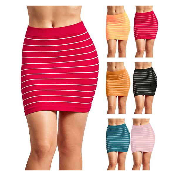 Women's Striped Seamless Comfy Trendy Microfiber Slim Nylon Pull-On Closure Mini Skirts  Perfect for Chic Casual Wear and Everyday Comfort