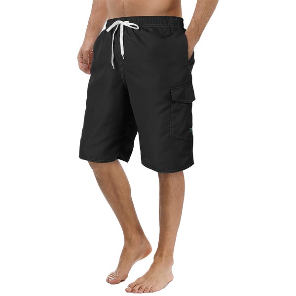 Men's Quick Dry Cargo Swim Trunks Beachwear with Pockets Solid Flex Board Shorts
