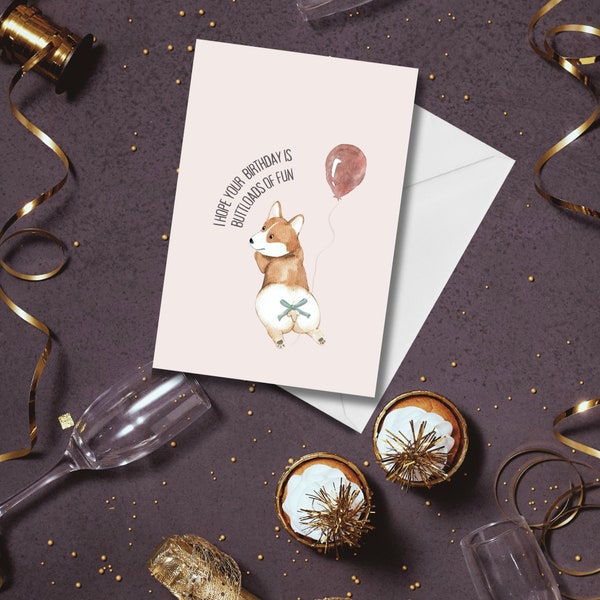 Funny corgi birthday Card, Novelty Blank card, welsh corgi butt fan, pet animal dog lover gift, Humorous slogan saying, many happy returns