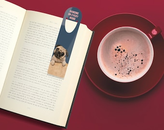 Pug bookmark sturdy slotted aluminium. Perfect for dog pet book lover. Elegant light weight marker for avid reader, Cute easy clean durable