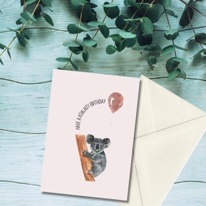 Tarjeta de feliz cumpleaños con un koala, tarjeta de felicitación australiana, tarjeta con un divertido juego de palabras australiano para ocasiones especiales, cumpleaños de un koala, regalo divertido para amantes de los animales