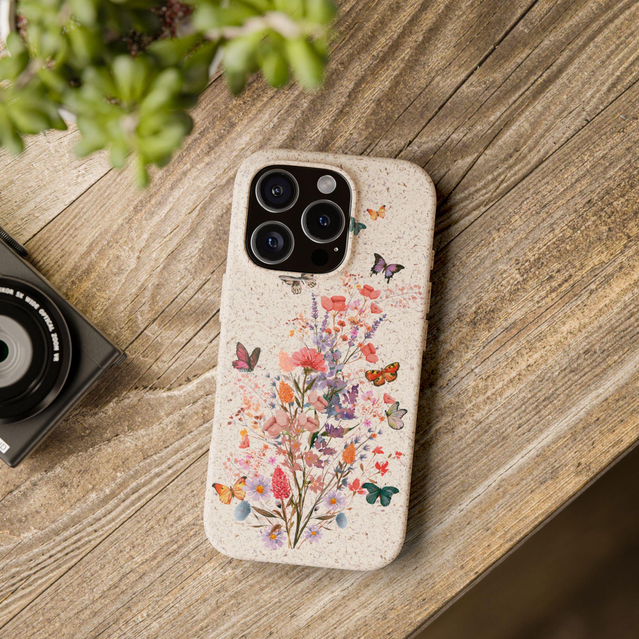 Biodegradable Phone Case, Floral Butterfly Eco Friendly iPhone Cover, Matte Finish Plastic Free, Wireless Charging, Sustainable