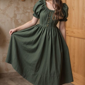 LARP Cottagecore Women Midi Elf Dress | Green Peasant Costume | Medieval Viking Royal Attire | Renaissance Princess Cotton Skirt Cosplay