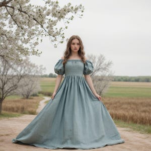 Victorian Blue Renaissance Cottagecore Gown | Medieval Peasant Viking Dress | Puff Sleeves Women&#39;s Costume | Country Style Women Garb Attire