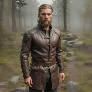 Custom Made Men&#39;s Viking Genuine Tailored Leather Jacket | Medieval Quilted Shoulder Design | Belted Waist Coat for Elegant Warrior Style