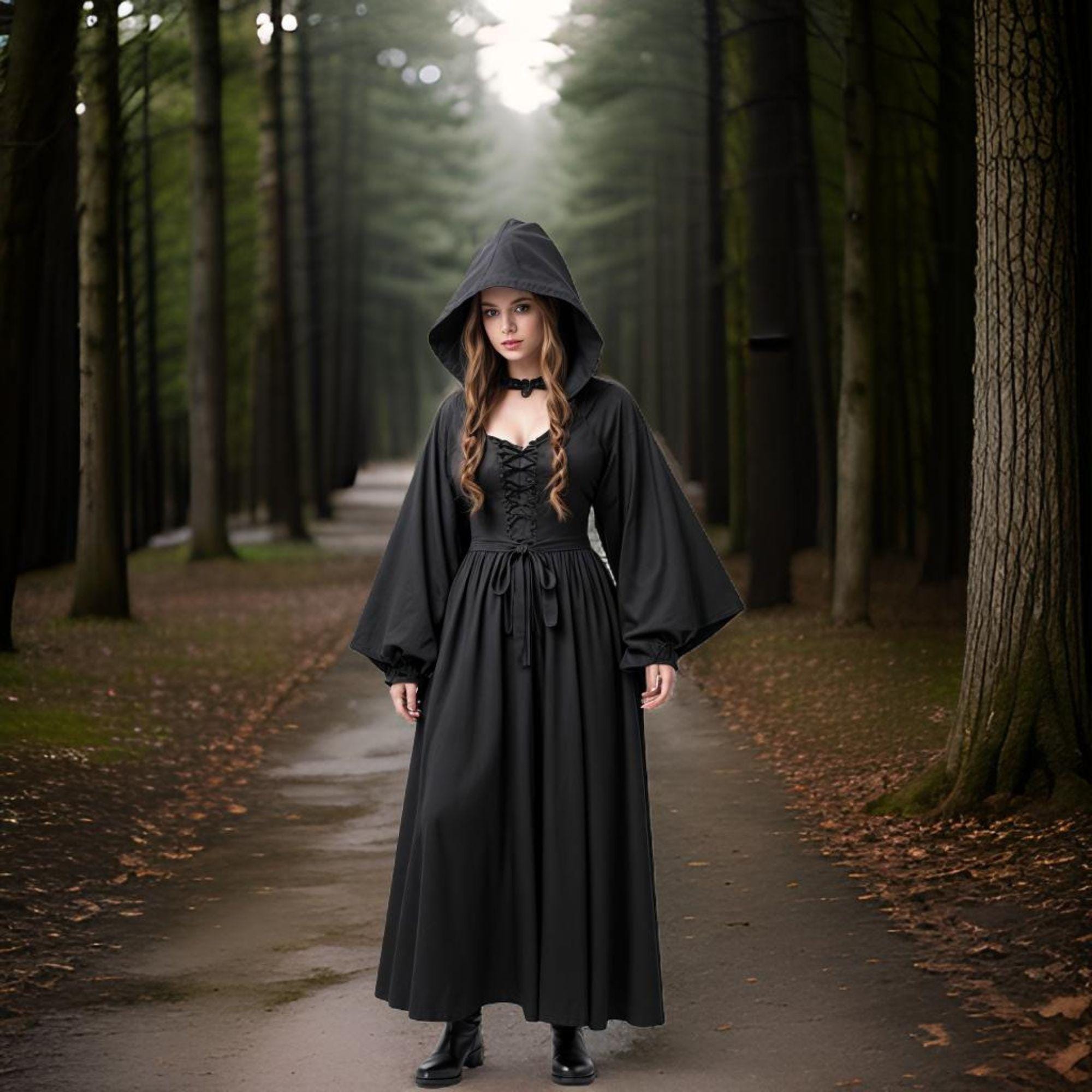 Gotische zwarte renaissancejurk met capuchon | Middeleeuws horrorkostuum |  Renfaire-jurk heksenjurk | Dark Fantasy-outfit voor dames - Etsy België, image size:2000x2000