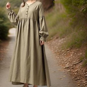 Rustic Green Medieval Exiled Princess Maxi Dress | Victorian Edwardian Era Gown | Cottagecore Renfaire Cotton Maxi | Elven Costume Dress