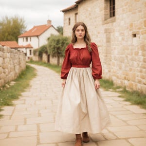 Bright Viking Medieval Women Blouse & Beige Skirt | Celtic Era Renaissance Costume | Village Women Dress | Rustic Medieval Peasant Ensemble