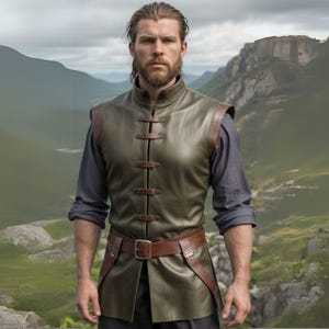 Men&#39;s Green Leather Tailored Vest | Medieval Viking-Inspired Design with Brown Straps and Belt | Perfect for Renaissance Fairs
