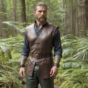 Tailored Men&#39;s Viking Vegan Leather Vest | Medieval Sleeveless Design with Belted Waist | Perfect Historical Live Action Roleplay Costume
