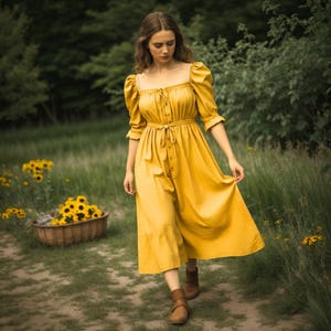 Golden Yellow Renaissance Dress | Puff Sleeve Peasant Gown | Women’s Medieval Ren Fair Costume | Boho Chic Festival Attire | Winter Sundress