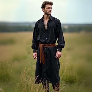 Men&#39;s Black Longshirt, Medieval Style Tunic, Button-Down Robe, Brown Belt Costume, Renaissance Outfit, Fantasy Clothing, LARP Garment