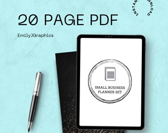 Może przedstawiać: Makieta produktu cyfrowego z tabletem wyświetlającym logo "Small Business Planner Set". Widoczny jest również długopis, czarny notatnik oraz tekst "20 Page PDF" i "Natychmiastowe pobieranie". Tło jest w kolorze jasnego turkusu.