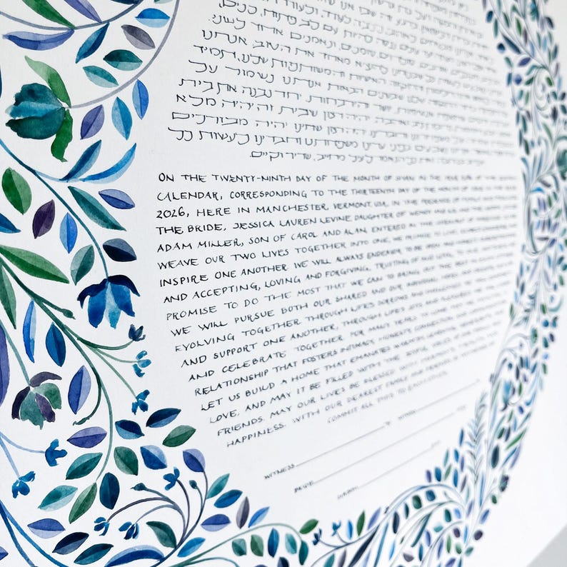 Purple and blue floral ring watercolor ketubah by Tobi Afran