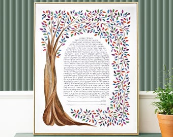 May include: A framed artwork featuring a watercolor tree with a brown trunk and branches adorned with colorful leaves. The leaves are in shades of red, purple, blue, and green. The artwork has text in the center, and is set against a white background.