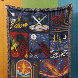 8-Panel Throne-Inspired Story Blanket, TOG Fandom Throw, Gothic Dark Academia Tapestry, Fireheart Booktok Blanket, Fantasy Book Lover Gift