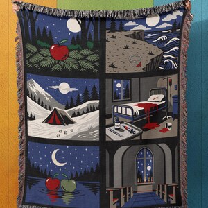 6-Panel Vampire Romance Fan Woven  Blanket, Gothic Literary Throw, Dark Fantasy Book Decor, Gift for Suspense, Romance Lovers Nook Tapestry