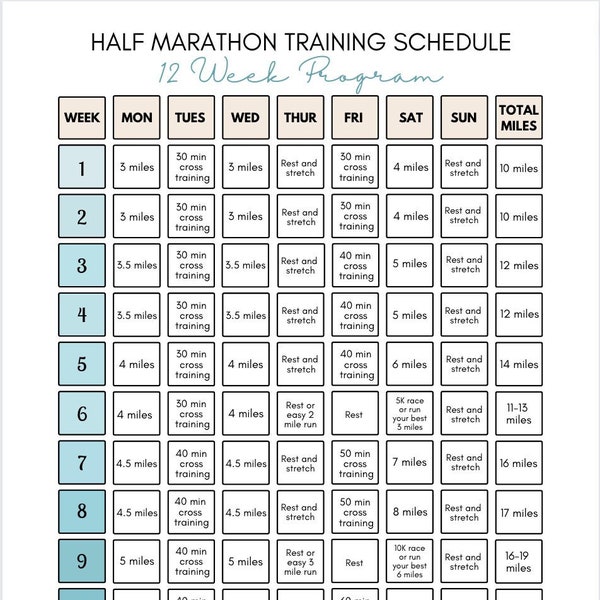 12 Week Half Marathon Training Plan/Schedule for Beginners - Monday Start