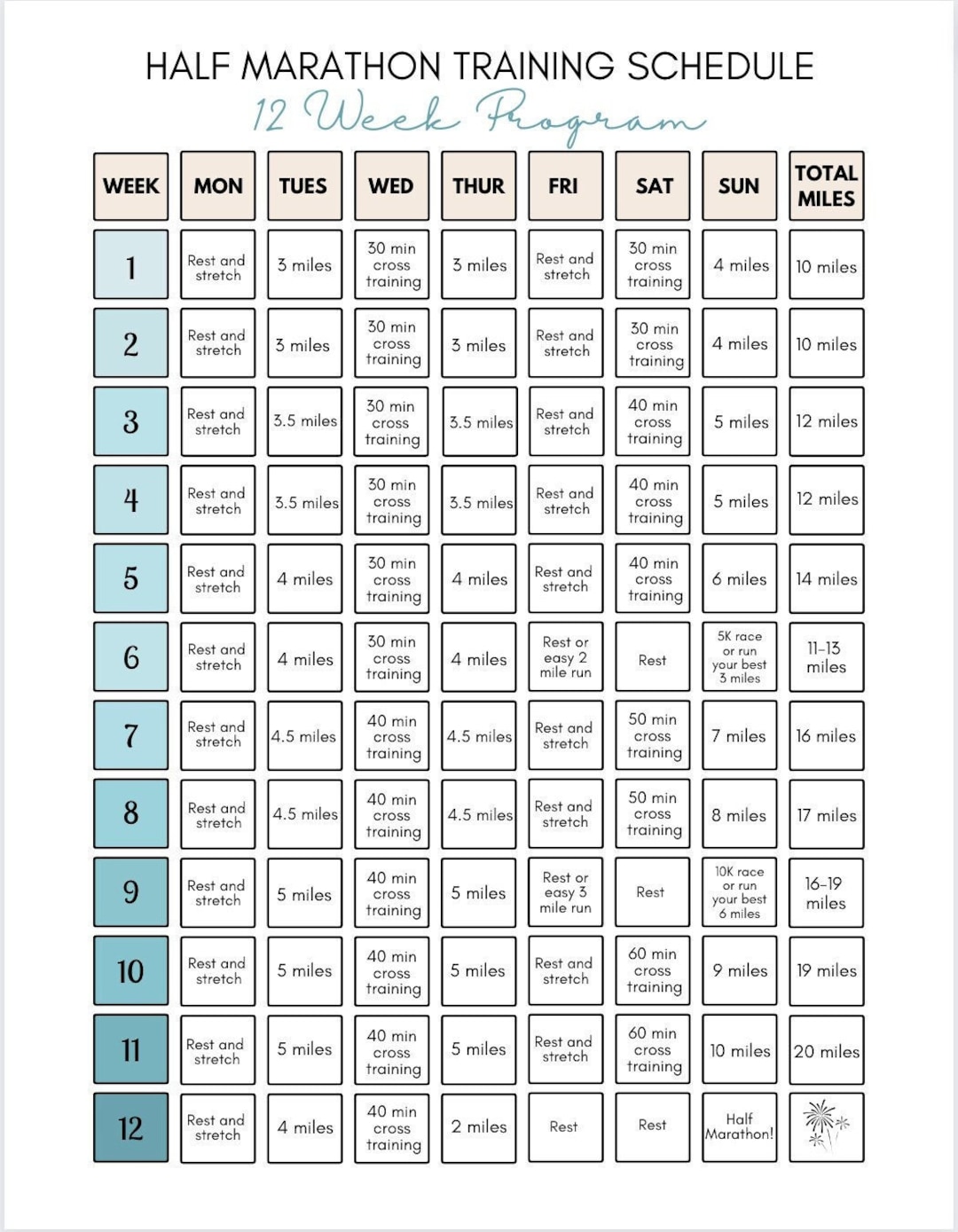12-week-half-marathon-training-plan-schedule-for-beginners-tuesday-start-etsy