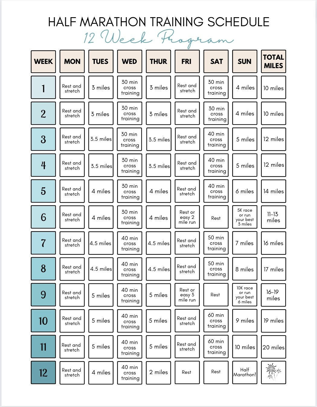 12-week-half-marathon-training-plan-schedule-for-beginners-tuesday-start-etsy