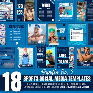 Könnte beinhalten: Ein Satz von 18 blauen und weißen Social-Media-Vorlagen für Sportmannschaften. Die Vorlagen zeigen Bilder von Schwimmern und Text wie "Signiert", "Kader", "Glückwunsch", "Schwimmer des Jahres", "Zeit zum Fallenlassen", "Ergebnisse", "Schwimm-Klinik-Zeitplan" und "Wiederherstellungs-Checkliste".