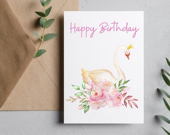 Swan happy birthday card/blank card/swan birthday/swan birthday card/swan party/swan princess/swan card/swan princess party/swan lake party
