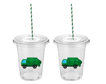 6 disposable plastic cups with lids and straws-garbage truck birthday-trash truck birthday-garbage truck theme-garbage birthday-trash truck