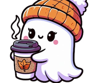 May include: A cute cartoon ghost wearing an orange knit hat with a white pom pom, holding a brown paper cup of coffee with a fall leaf design.