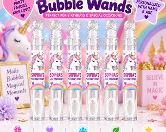May include: Six clear plastic bubble wands featuring a label with a white unicorn, a rainbow, and the text 'Sophia's 5th Birthday'. Each wand has a spiral-shaped cap and a cylindrical body containing bubble solution, designed for party favors.