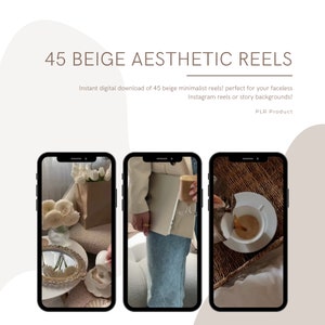 May include: Three images of beige aesthetic reels. The first image shows a white vase with white flowers on a table with a mirror and a white fluffy surface. The second image shows a person wearing a white blazer and blue jeans holding a laptop and a cup of coffee. The third image shows a cup of coffee on a wicker surface.