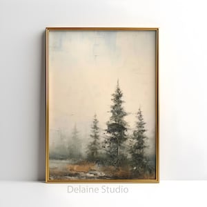 May include: An oil painting of a forest scene with evergreen trees in a gold frame. The artwork features a muted colour palette of greens, browns, and creams, with a hazy, atmospheric effect. The text "Delaine Studio" is in the bottom left corner.