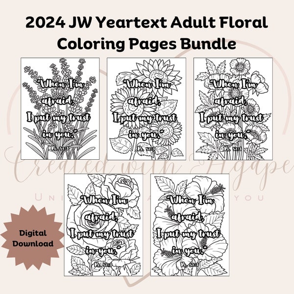2024 JW Yeartext Adult Floral Coloring Pages - ten designs to color in one bundle