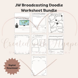 May include: A digital download bundle of JW Broadcasting Doodle worksheets. The worksheets include a notebook, fill-in-the-blank pages, and doodle pages. The bundle is designed with a black and white doodle style and includes the text "Digital Download".